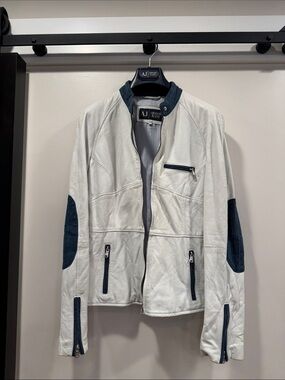 Armani Jeans White Leather Jacket with Navy denim Accents